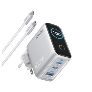 ANKER 100W GaN zidni brzi punjač, 3-porta (2x USB-C i 1x USB-A) sa USB-C M/M pletenim kablom, srebrni
